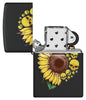 Sunflower Design Texture Print Black Matte Windproof Lighter with its lid open and unlit.