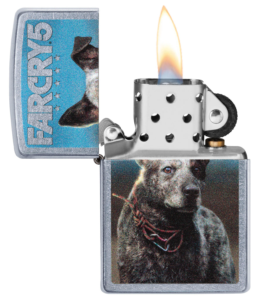 Far Cry 5 Boomer Windproof Lighter with its lid open and lit