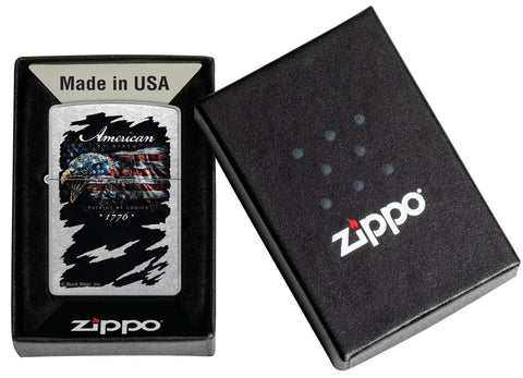 Zippo Buckwear Design Eagle Flag Street Chrome Windproof Lighter in its packaging.