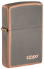 Front shot of Classic Rustic Bronze Zippo Logo Windproof Lighter standing at a 3/4 angle.