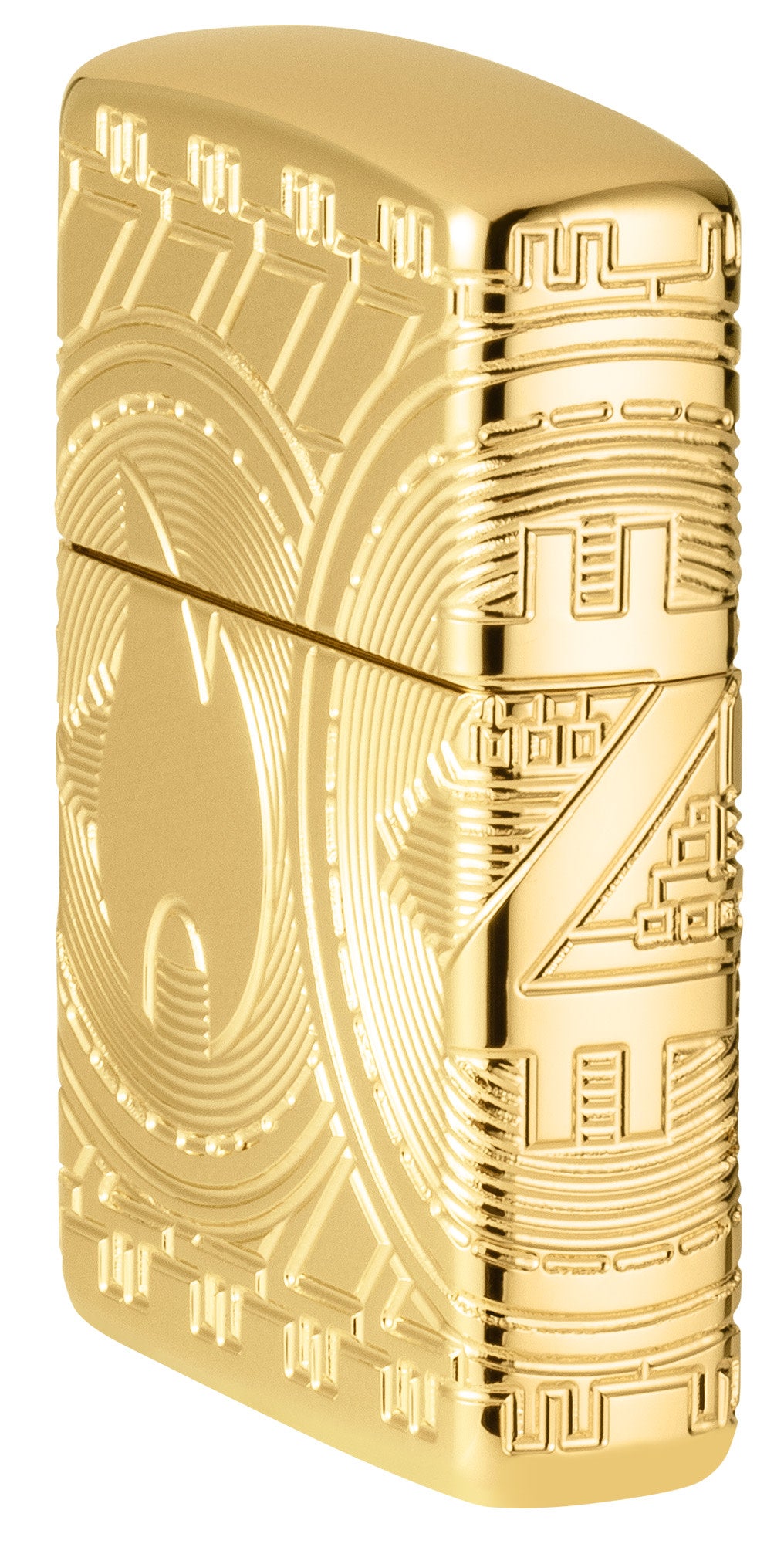 Angled shot of Currency Design ArmorÂ® High Polish Gold Windproof Lighter, showing the front and right side of the lighter.