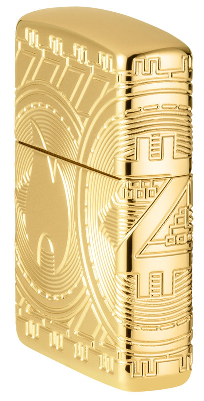 Angled shot of Currency Design ArmorÂ® High Polish Gold Windproof Lighter, showing the front and right side of the lighter.