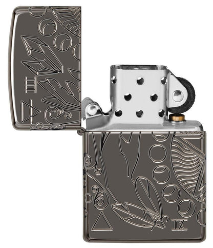 Wicca Design ArmorÂ® Black IceÂ® Windproof Lighter with its lid open and unlit.
