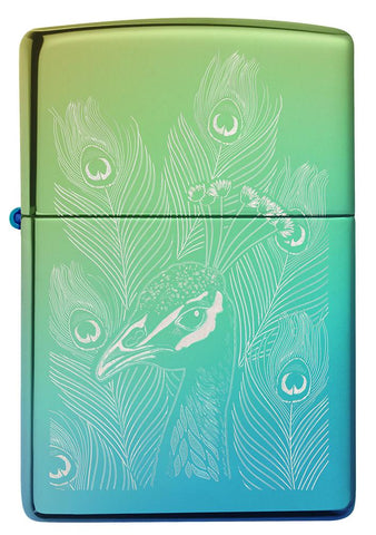 Front of Peacock Design High Polish Teal Windproof Lighter