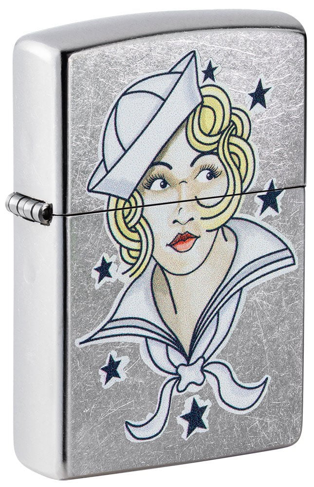 Front shot of Sailor Girl Tattoo Design Street Chrome™ Windproof Lighter standing at a 3/4 angle.