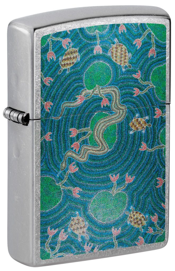 Front shot of Zippo John Smith Gumbula Snake & Turple Design Street Chrome Windproof Lighter standing at a 3/4 angle.