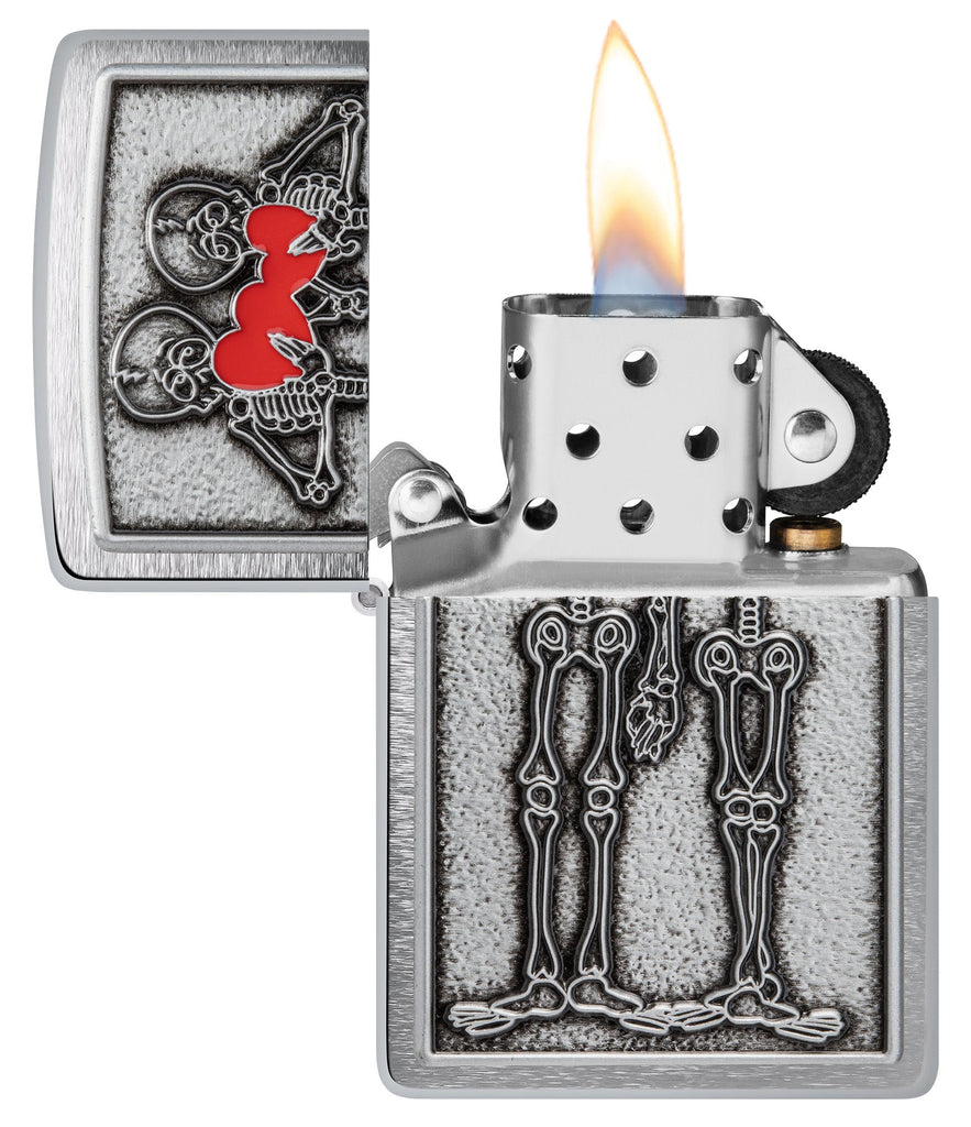 Zippo Couple Love Emblem Brushed Chrome Windproof Lighter with its lid open and lit.