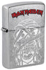 Front shot of Zippo Iron Maiden Eddie Street Chrome Windproof Lighter standing at a 3/4 angle.