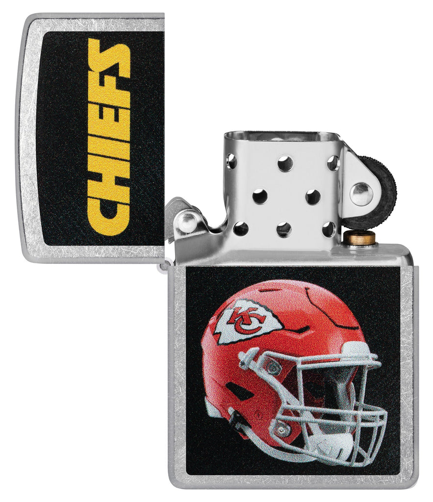 NFL Kansas City Chiefs Helmet Street Chrome Windproof Lighter with its lid open and unlit.