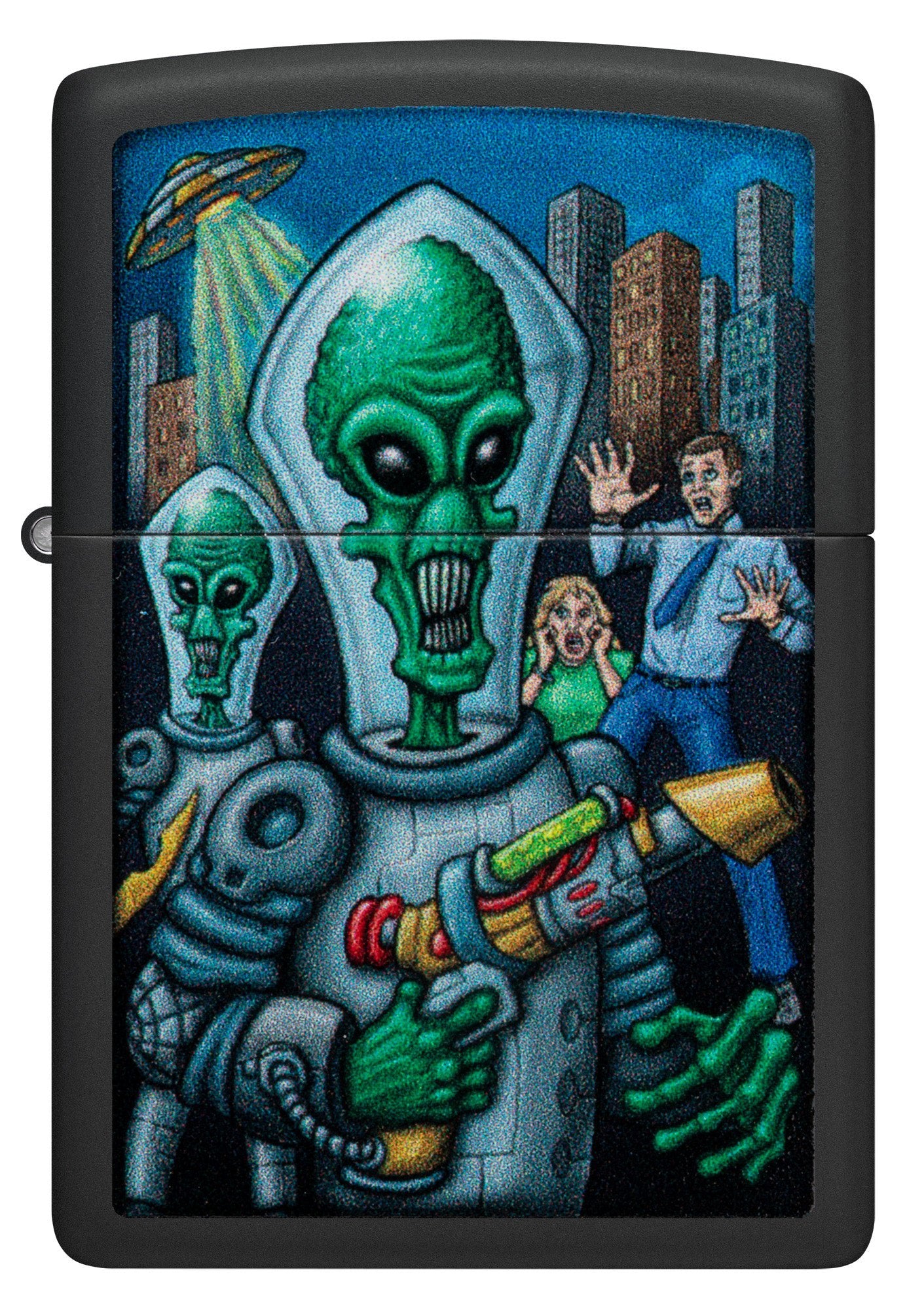 Front shot of Zippo Alien Attack Design Black Matte Pocket Lighter.