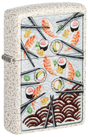 Front shot of Sushi Design Mercury Glass Windproof Lighter standing at a 3/4 angle