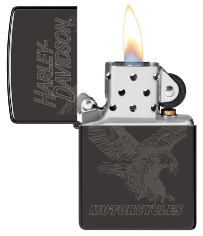 Zippo Harley-Davidson Laser Fancy Fill High Polish Black Windproof Lighter with its lid open and lit.