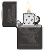 Zippo Harley-Davidson Laser Fancy Fill High Polish Black Windproof Lighter with its lid open and lit.