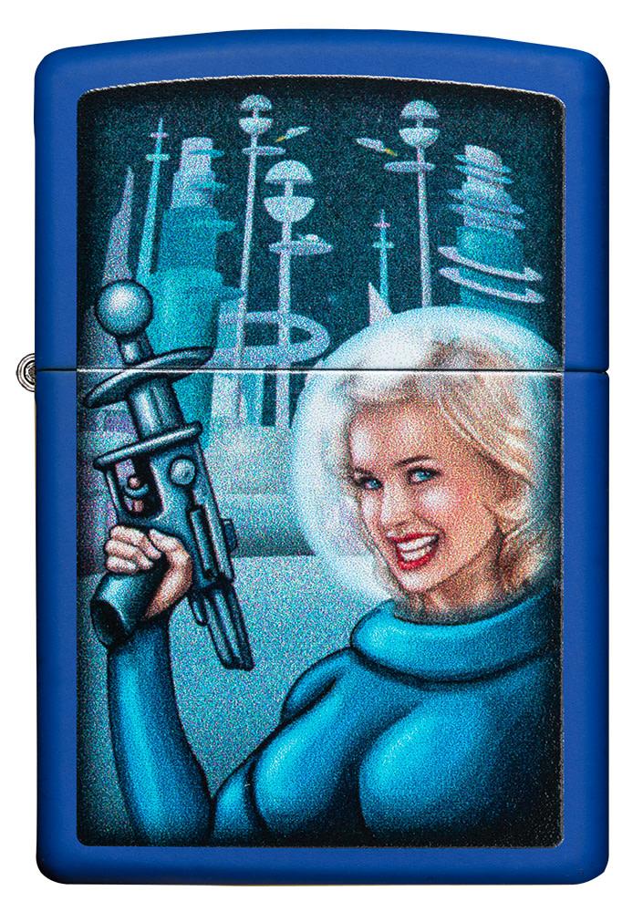 Front view of Retro Futuristic Royal Blue Matte Windproof Lighter