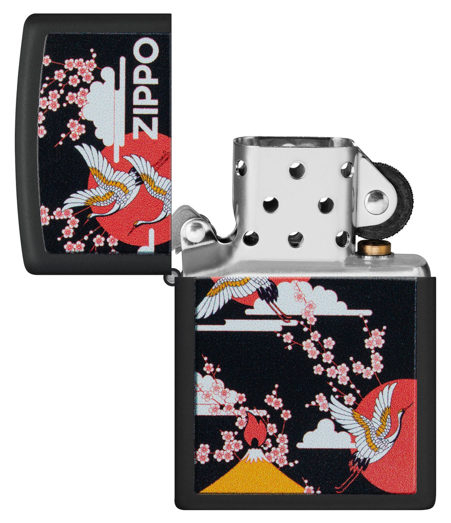 Zippo Kimono Design Black Matte Windproof Lighter with its lid open and unlit.