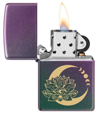 Zippo Lotus Moon Design Iridescent Windproof Lighter with its lid open and lit.
