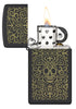 Zippo Skull Filigree Design Slim Black Matte Windproof Lighter with its lid open and lit.