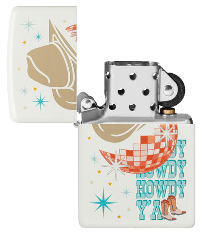 Zippo Howdy Cowboy White Matte Windproof Lighter with its lid open and unlit.