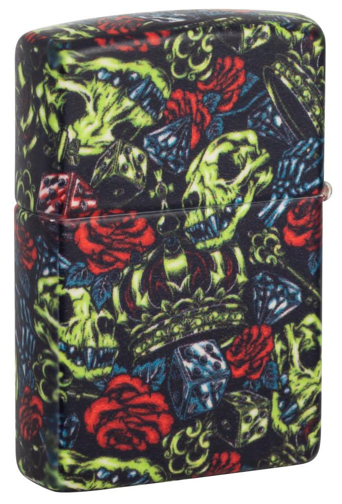 Back shot of Skull Crown Glow-In-The-Dark 540 Color Windproof Lighter standing at a 3/4 angle.