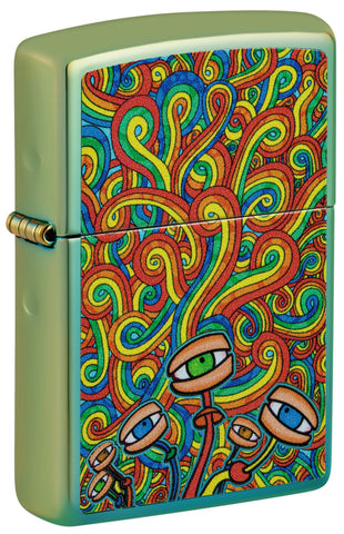 Front shot of Psychedelic Imagery Design High Polish Teal Windproof Lighter standing at a 3/4 angle.
