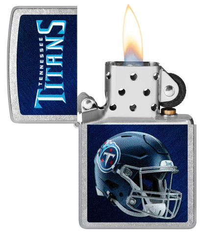 NFL Tennessee Titans Helmet Street Chrome Windproof Lighter with its lid open and lit.
