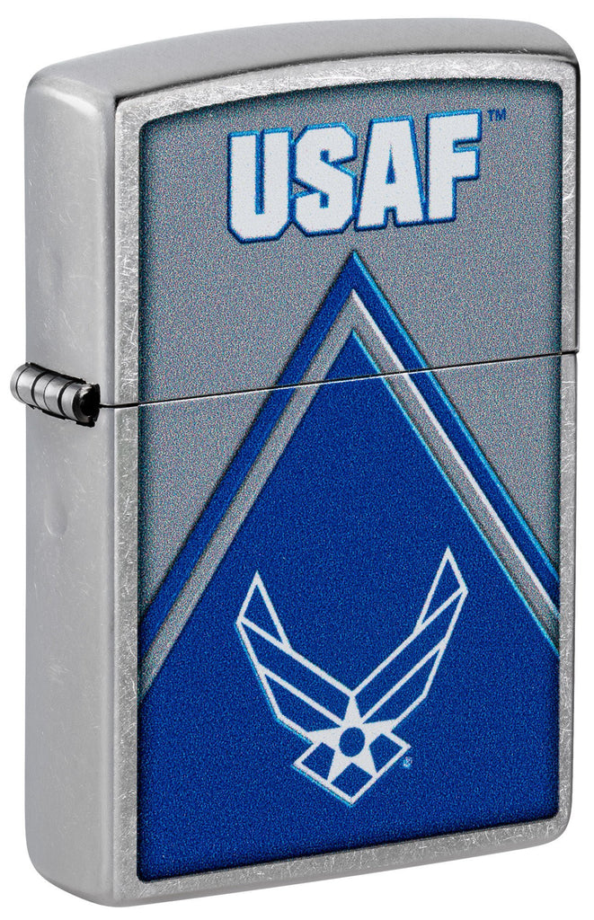 Front shot of Zippo U.S. Air Force Design Street Chrome Windproof Lighter standing at a 3/4 angle.