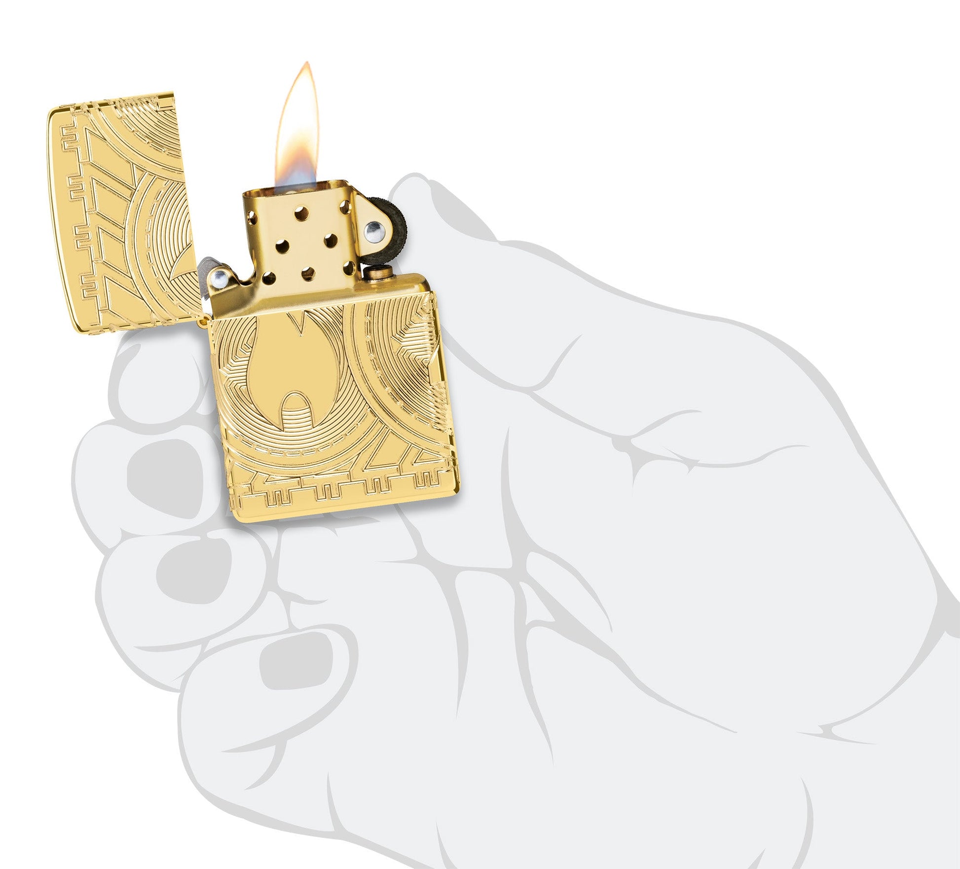 Currency Design ArmorÂ® High Polish Gold Windproof Lighter lit in hand.