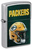 Front shot of NFL Green Bay Packers Helmet Street Chrome Windproof Lighter standing at a 3/4 angle.