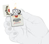 Jim Beam Label Logo White Matte Windproof Lighter lit in hand.