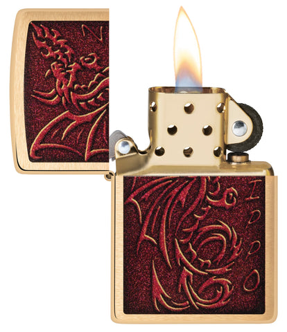 Medieval Mythological Dragon Brushed Brass Windproof Lighter with its lid open and lit.