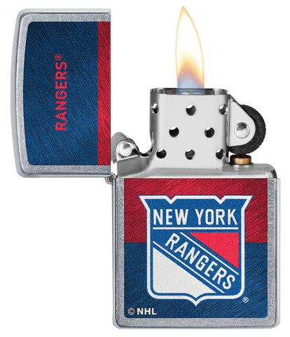 NHL® New York Rangers Street Chrome™ Windproof Lighter with its lid open and lit