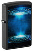 Front shot of Zippo Black Light UFO Flame Design Black Matte Windproof Lighter standing at a 3/4 angle.