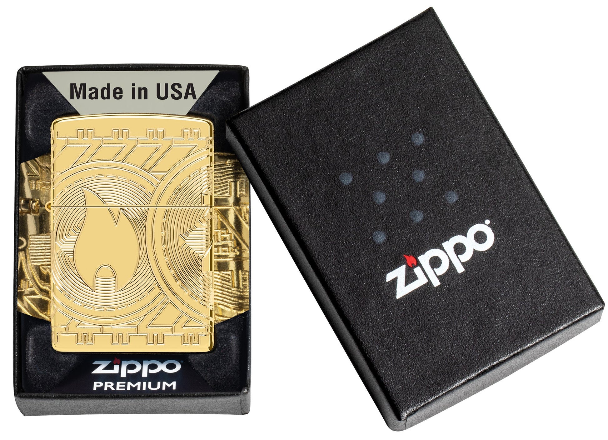 Currency Design ArmorÂ® High Polish Gold Windproof Lighter in its packaging.