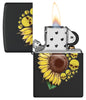Sunflower Design Texture Print Black Matte Windproof Lighter with its lid open and lit.