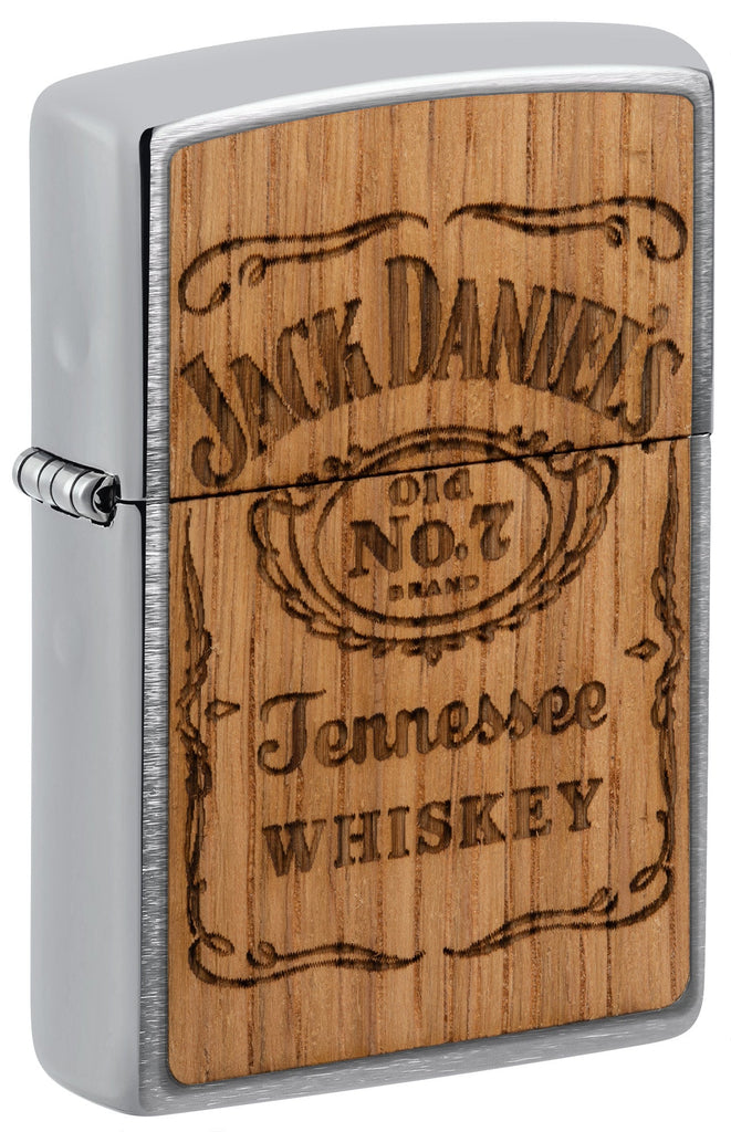 Front shot of Zippo Jack Daniel's Woodchuck USA Brushed Chrome Windproof Lighter, standing at a 3/4 angle.
