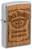 Front shot of Zippo Jack Daniel's Woodchuck USA Brushed Chrome Windproof Lighter, standing at a 3/4 angle.