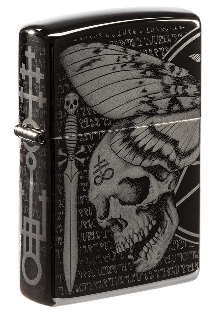 Front view of Hawkmoth High Polish Black Windproof Lighter standing at a 3/4 angle