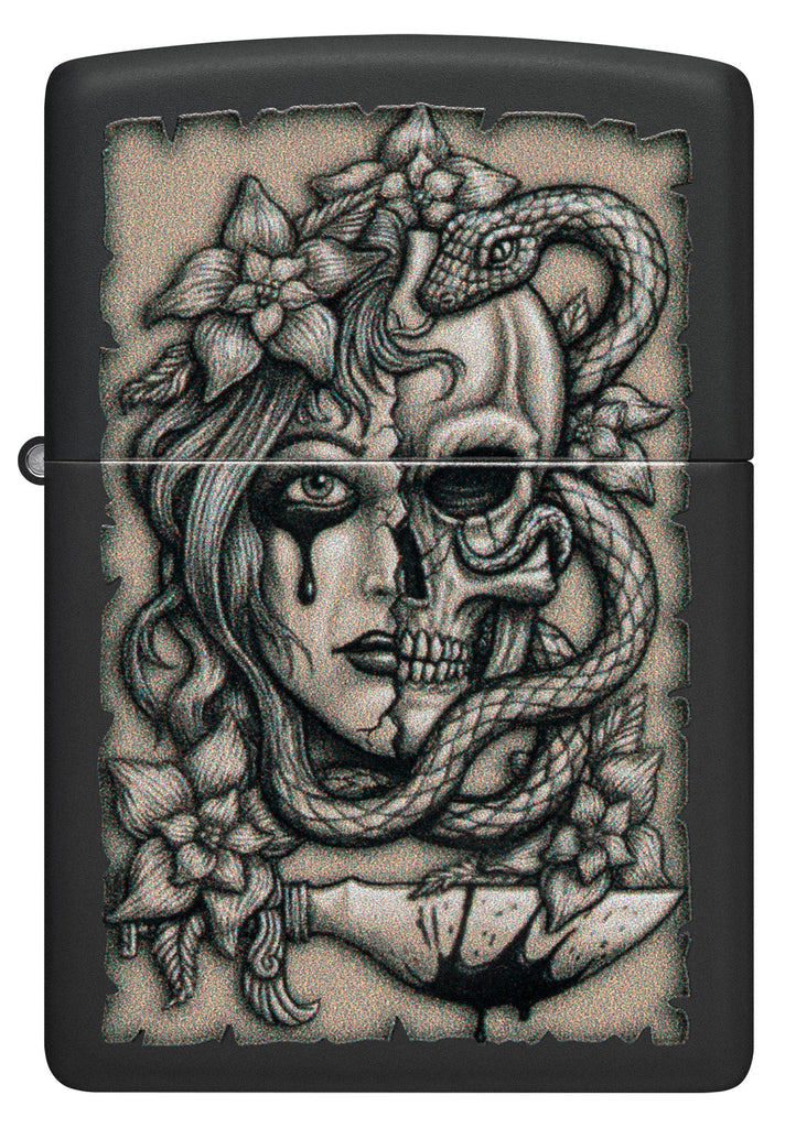 Front view of Zippo Gory Tattoo Design Black Matte Windproof Lighter.