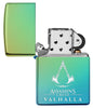 Assassin's Creed® Valhalla Logo High Polish Teal Windproof Lighter with its lid open and unlit.