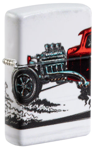 Front shot of Zippo Hot Rod Design 540 Color Matte Windproof Lighter standing at a 3/4 angle.