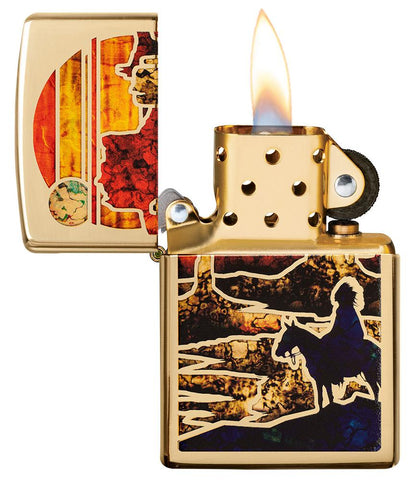 Zfusion Desert High Polish Brass Windproof Lighter with its lid open and lit
