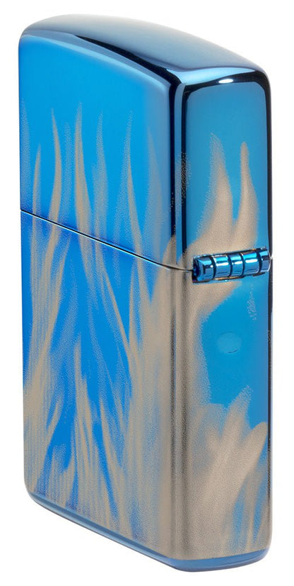 Harley-Davidson 360Â° Flames High Polish Blue Windproof Lighter standing at an angle, showing the back and hinge side of the lighter.
