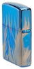 Harley-Davidson 360° Flames High Polish Blue Windproof Lighter standing at an angle, showing the back and hinge side of the lighter.