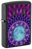 Front shot of Glowing Zodiac Design Black Light Black Matte Windproof Lighter standing at a 3/4 angle.