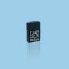 Glamour shot of Zippo Float into the Unknown Design Black Matte Windproof Lighter standing in a blue scene.