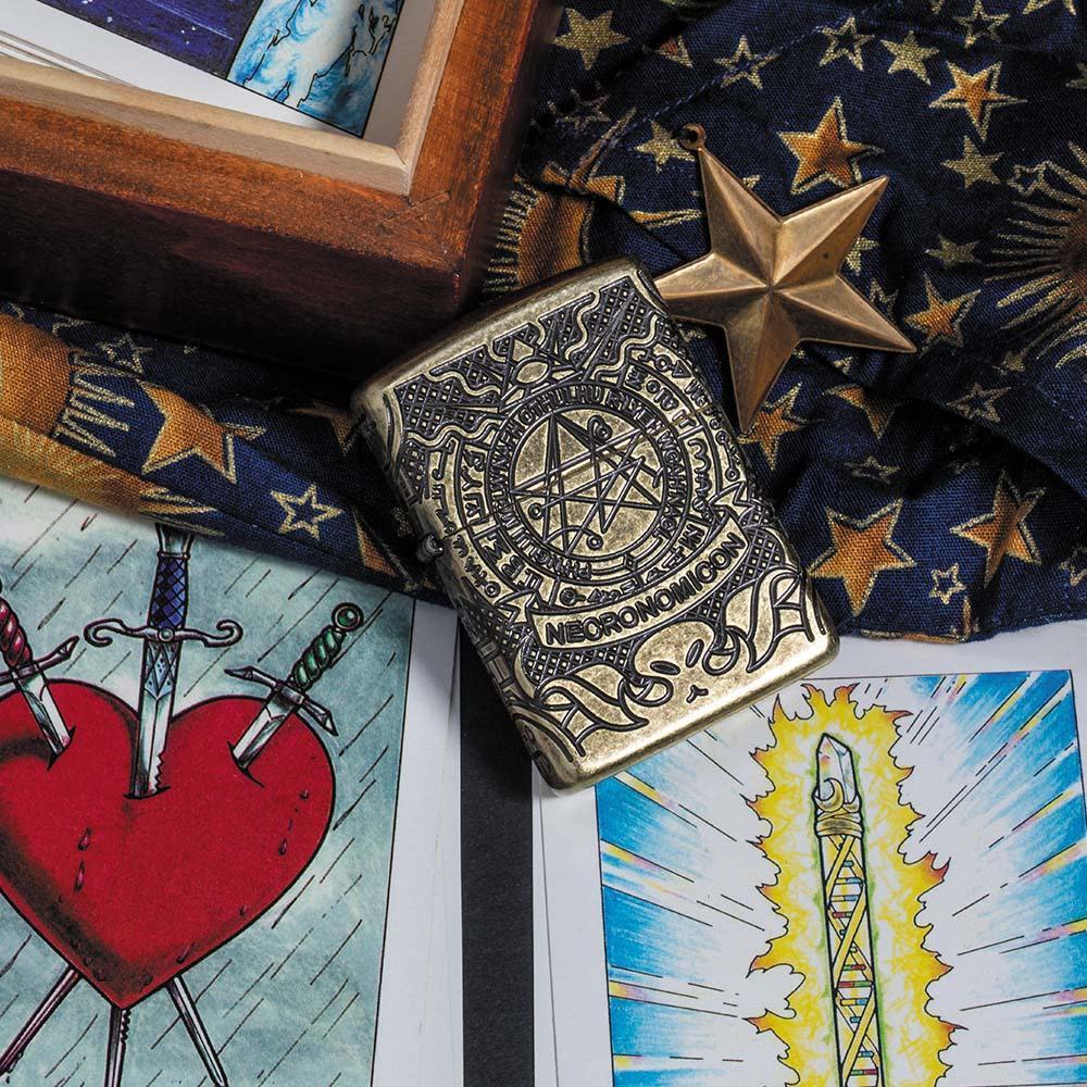 Lifestyle image of ArmorÂ® Antique Brass Book of the Dead laying with tarot cards