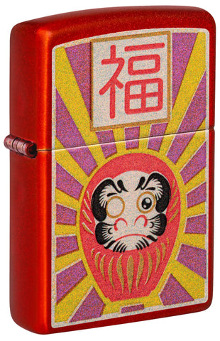 Front shot of Zippo Daruma Design Metallic Red Windproof Lighter standing at a 3/4 angle.