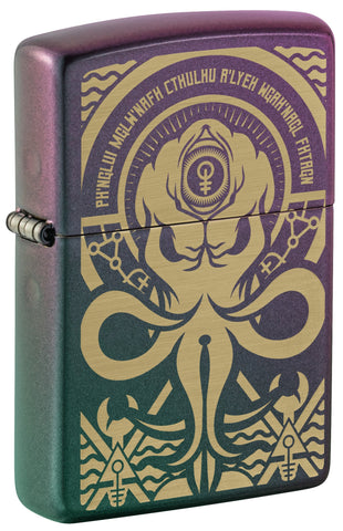 Front shot of Zippo Evil Design Iridescent Windproof Lighter standing at a 3/4 angle.