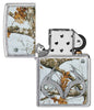 Realtree® Camo Logo Street Chrome™ Windproof Lighter with its lid open and unlit.