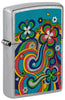 Front shot of Zippo Flower Power Design Street Chrome Pocket Lighter standing at a 3/4 angle.